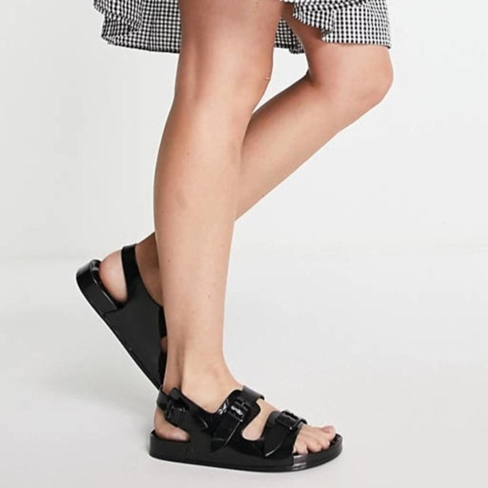 Women's Black Jelly Flat Buckled Sandals Strappy Beach Black $59